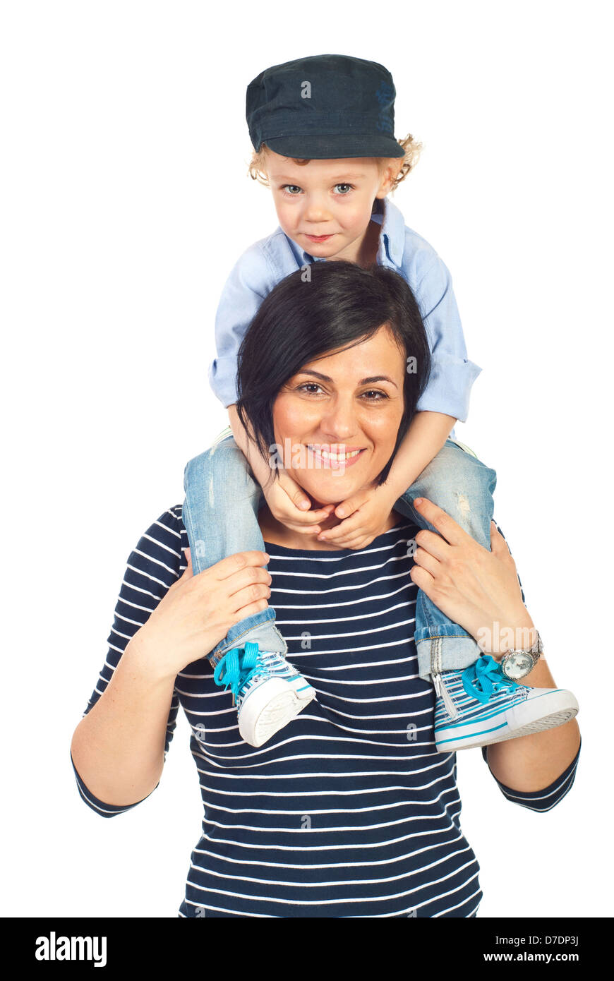 Boy riding mother in piggy back isolated on white background Stock Photo