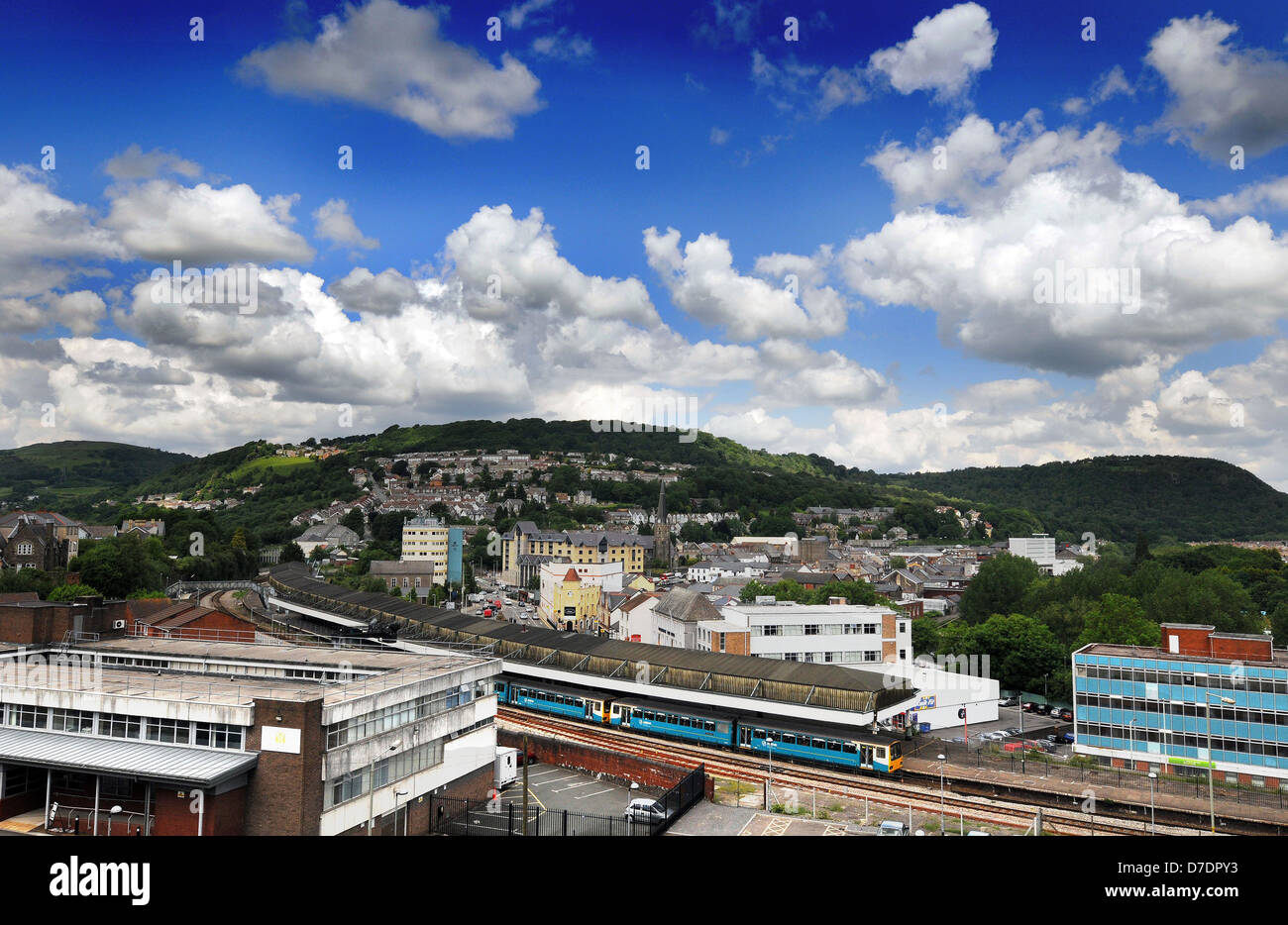 Pontypridd town centre and train station Stock Photo - Alamy