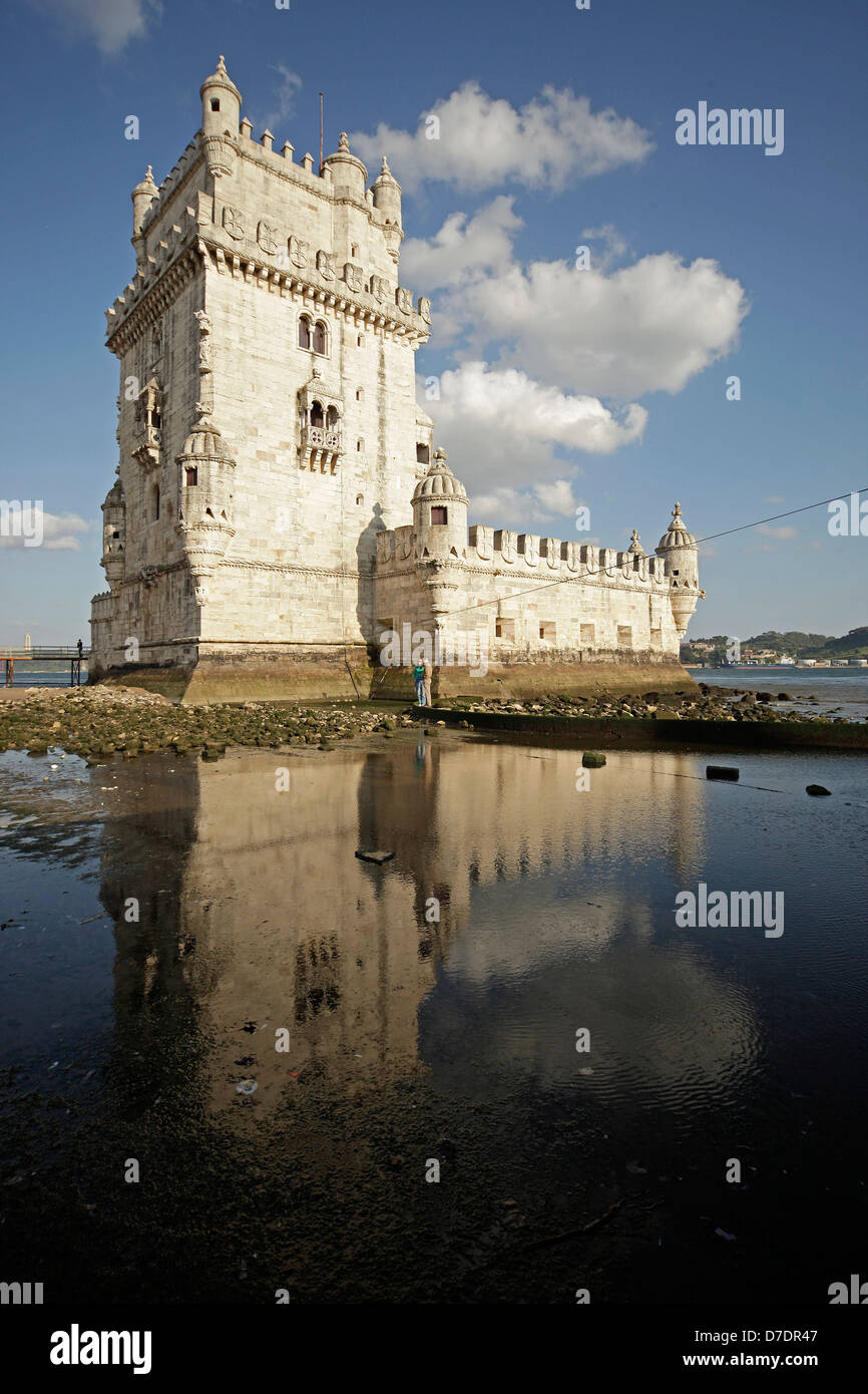 Belem Tower Torre de Belem, prominent example of the Portuguese Manueline style in Belem, Lisboa Stock Photo