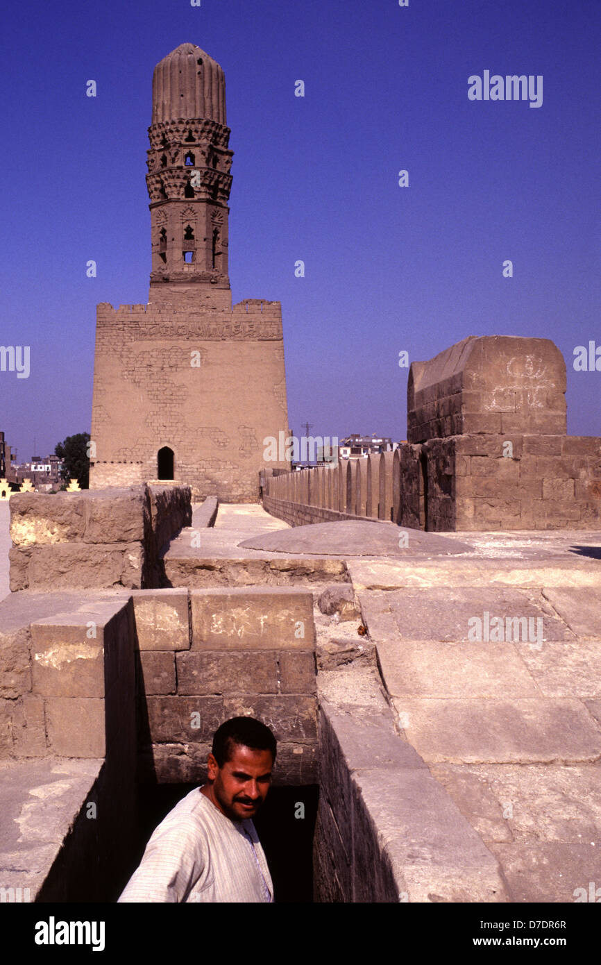 Fatimid style of the minaret of Al Hakim mosque nicknamed al-Anwar named after Al-Hakim bi-Amr Allah (985–1021), the sixth Fatimid caliph and 16th Ismaili Imam located in Islamic Cairo Egypt Stock Photo