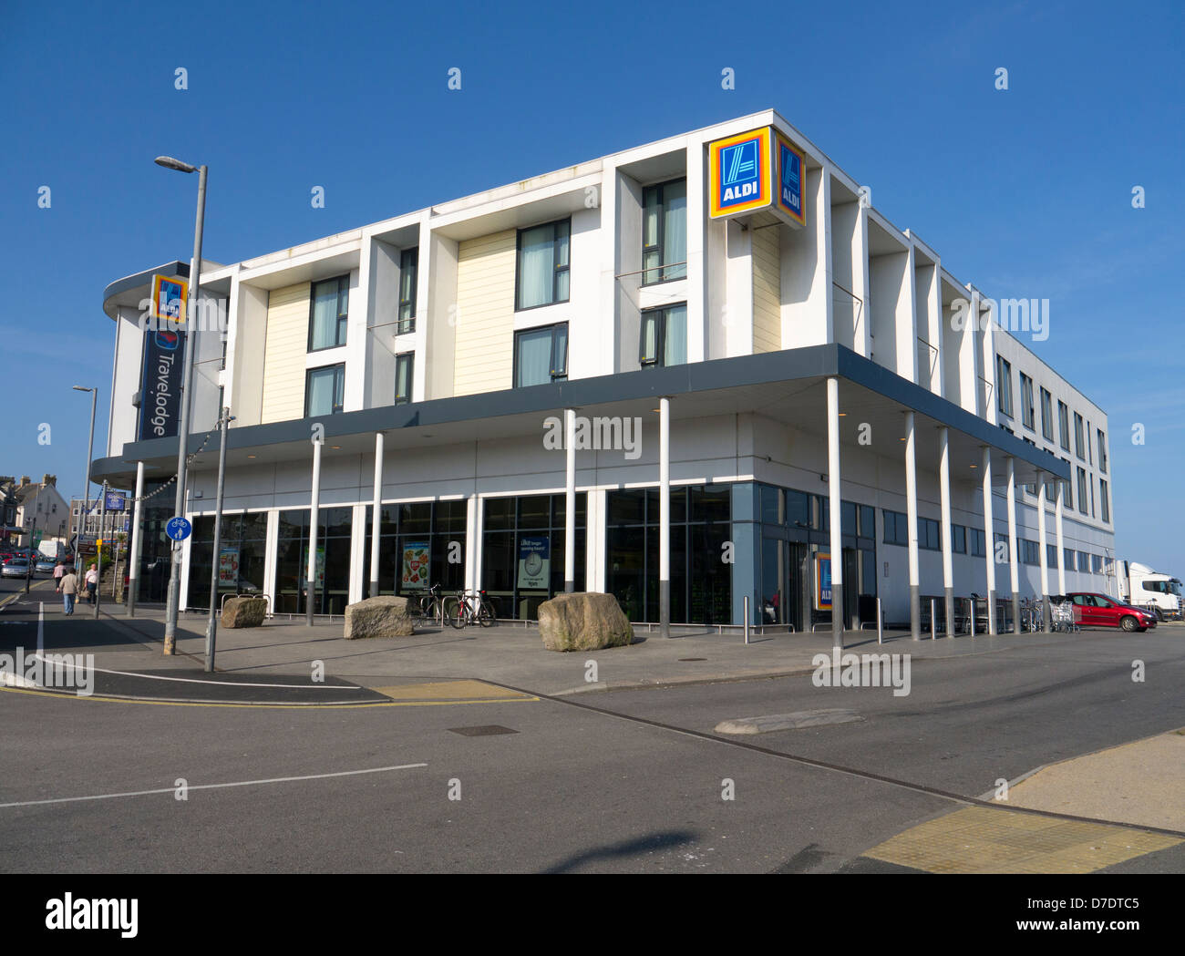 Modern Aldi Store and Travelodge in Newquay, Cornwall UK. Stock Photo