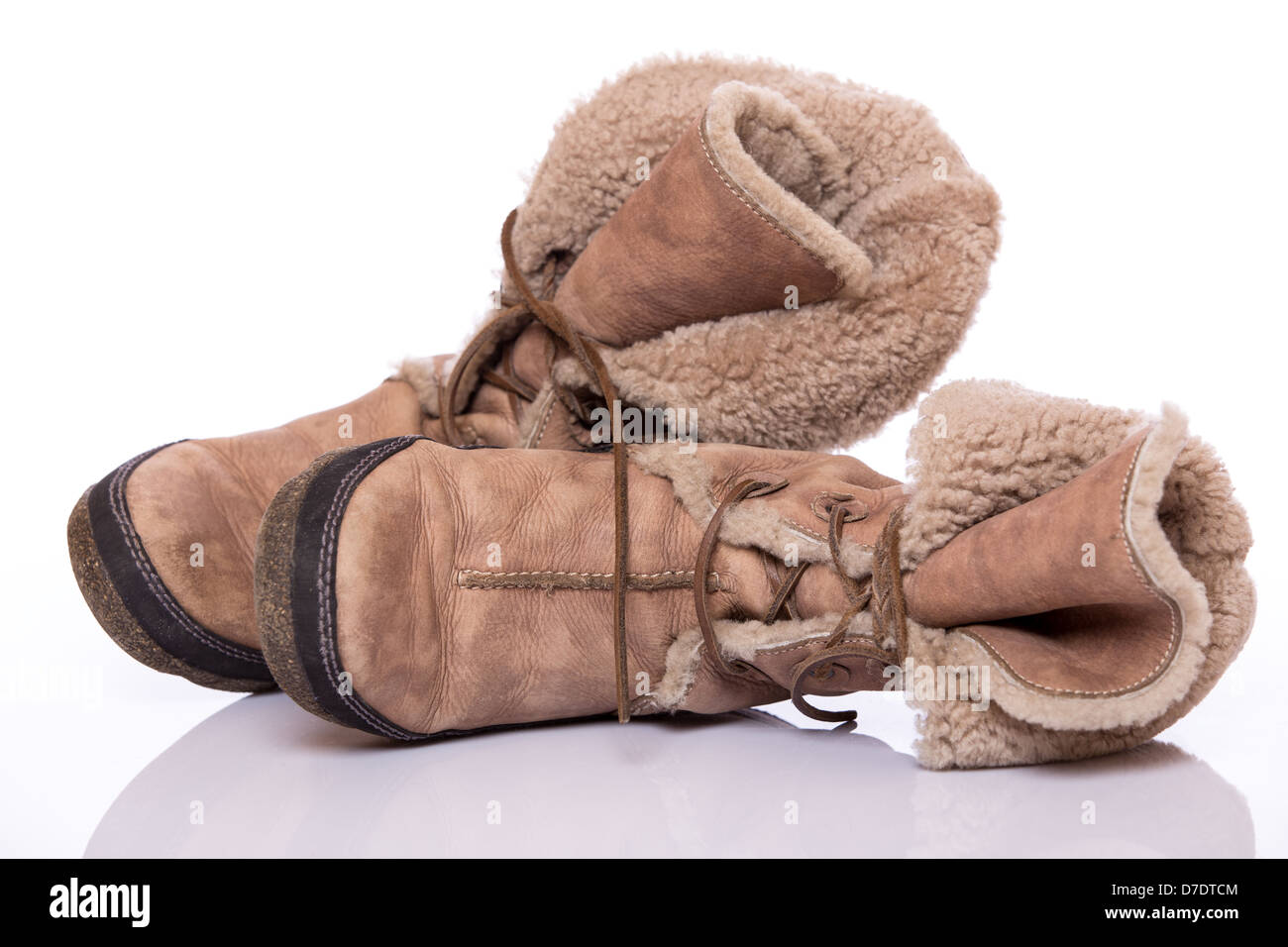 Winter warm brown fur shoes on white background Stock Photo