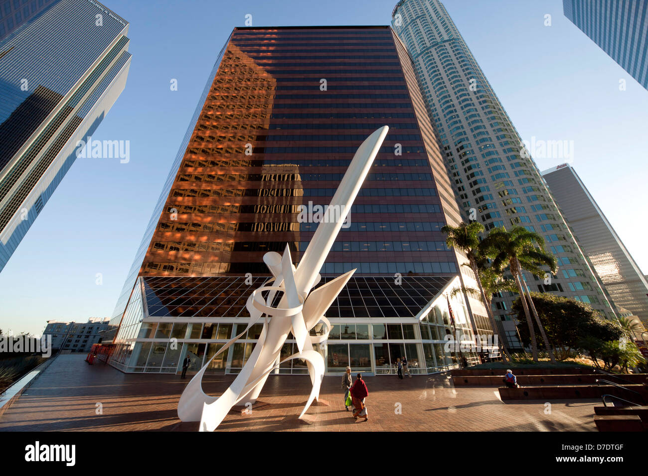 Worm's-eye view of Downtown Los Angeles skyscrapers and sculpture â€œUlyssesâ€ by Alexander Lieberman, California, United State Stock Photo
