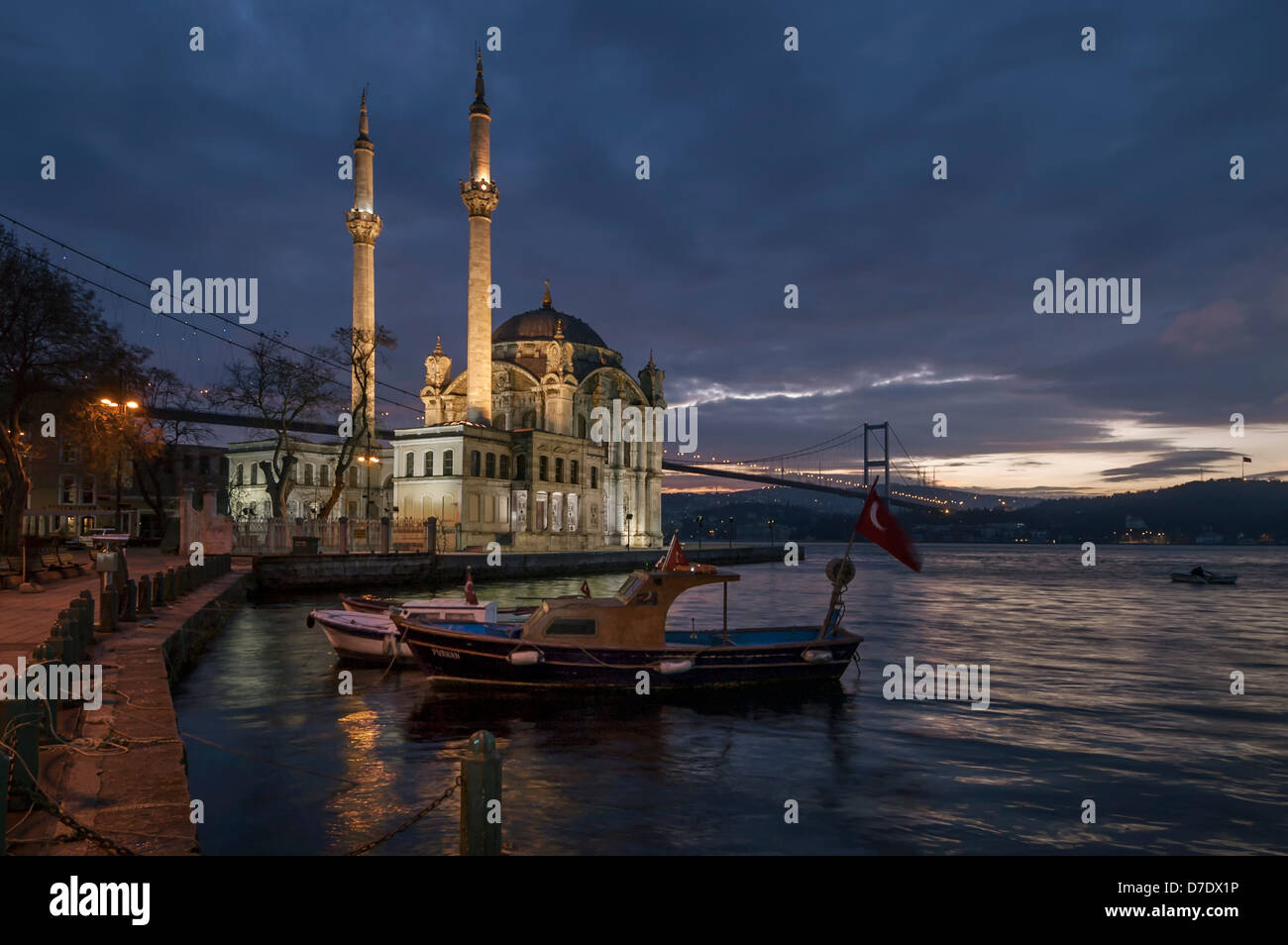 Ortakoy Mosque  and Bosphorus Bridge in Besiktas. Stock Photo