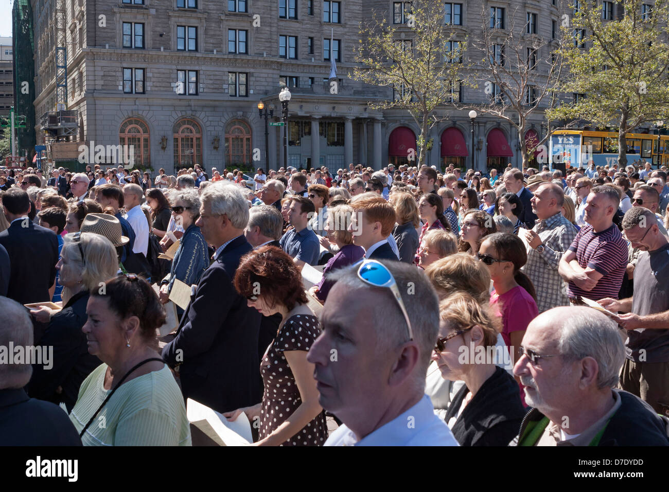 People attend an outdoor memorial service in Boston Stock Photo Alamy