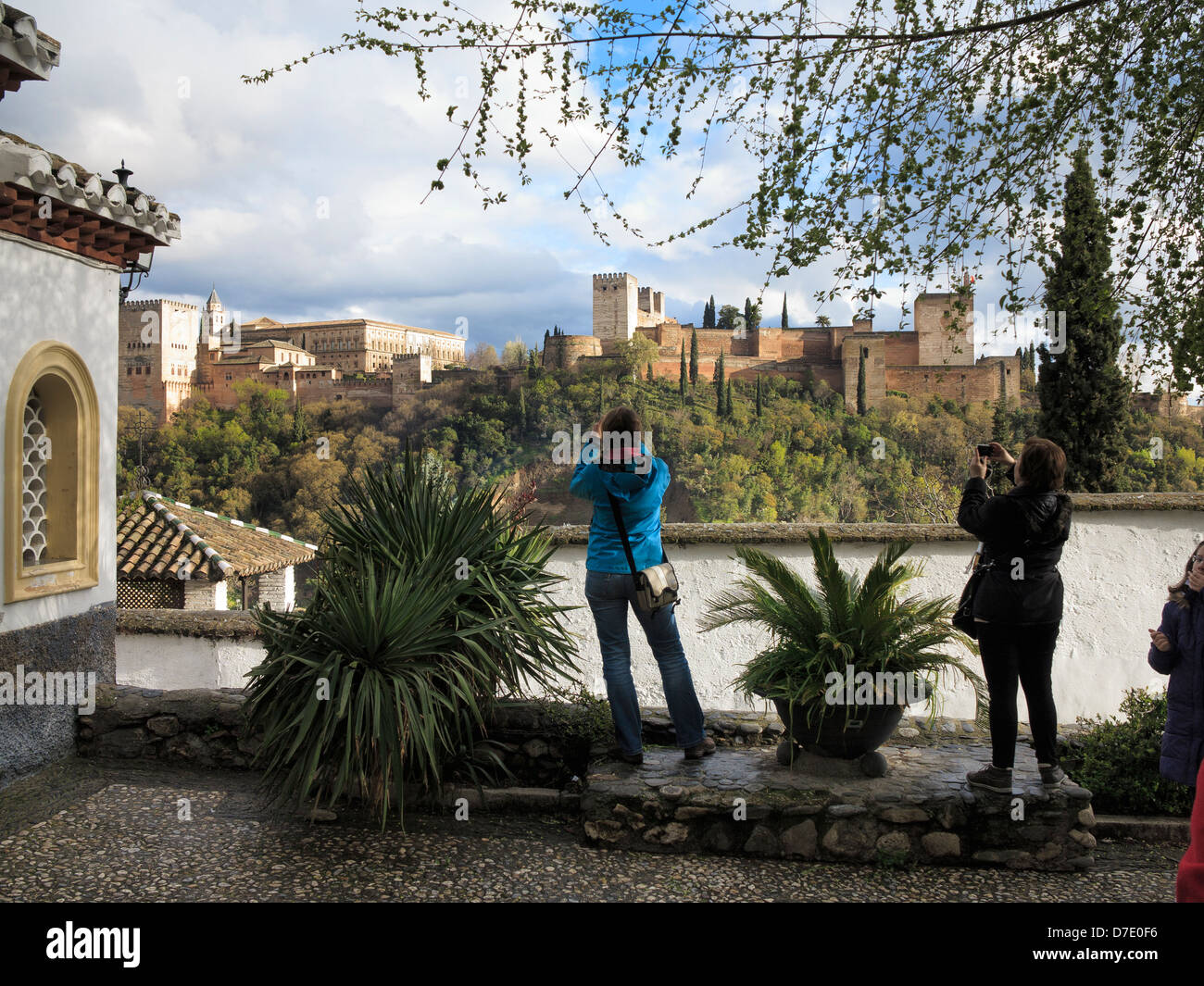 View of the Alcazaba and the Nasrid Palaces of the Alhambra over the rooftops of Albaicin, Granada, Spain Stock Photo
