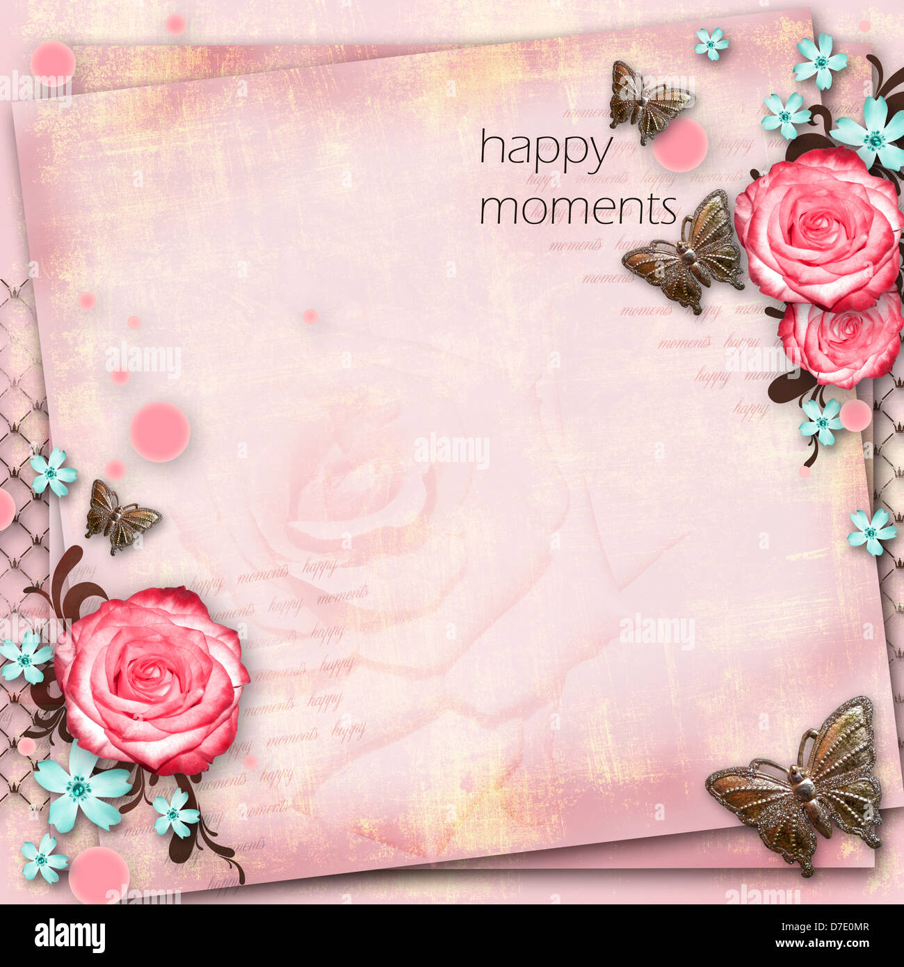 greeting card with flowers, butterfly on pink paper vintage background ...