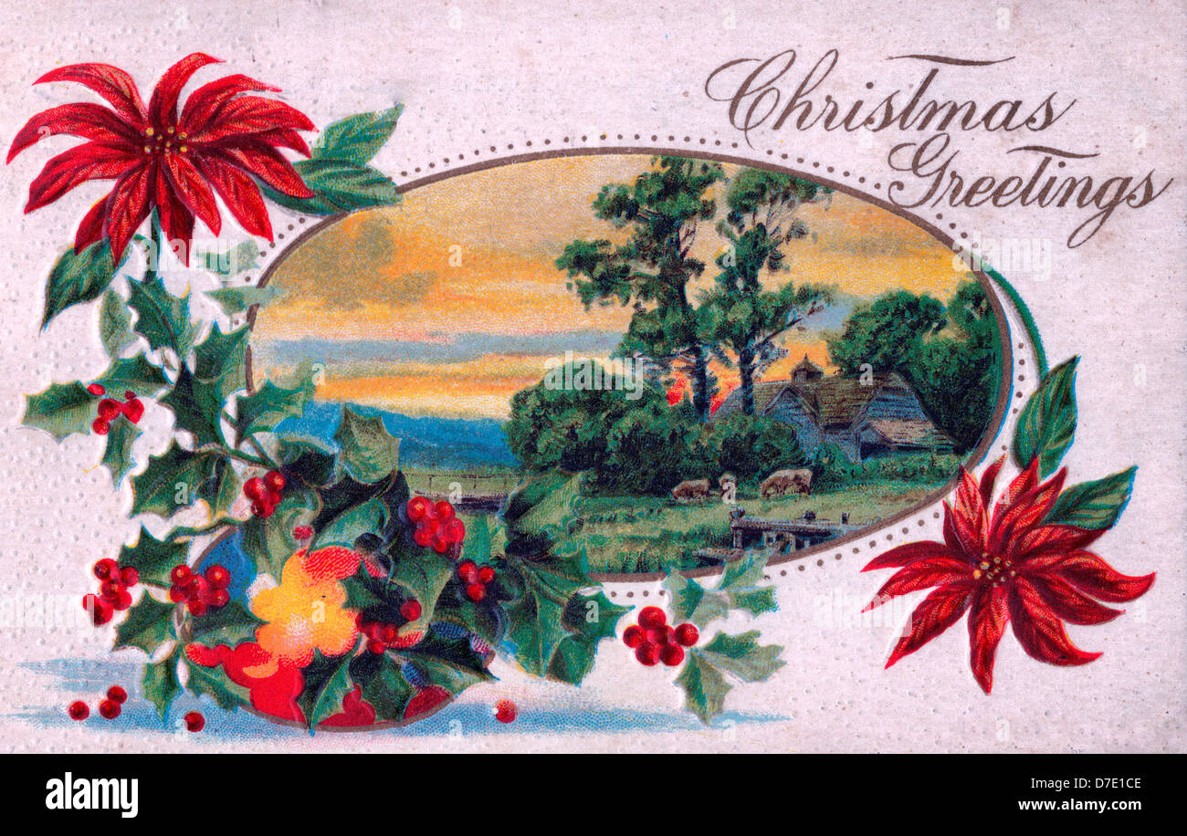 Christmas Greetings - Vintage card with country scene and poinsettias ...