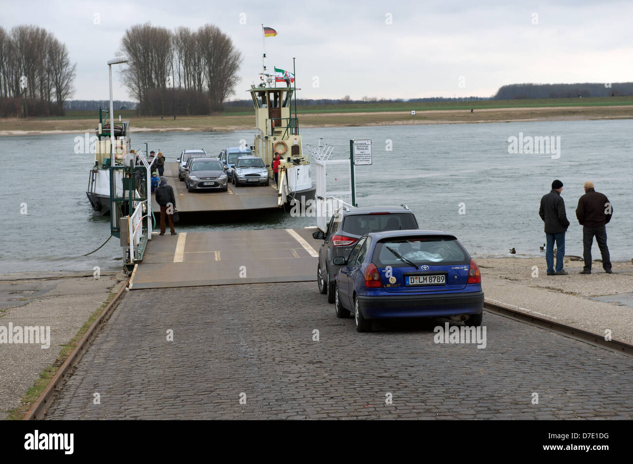 Car ferry crossing the river Rhine, Hitdorf, Germany Stock Photo