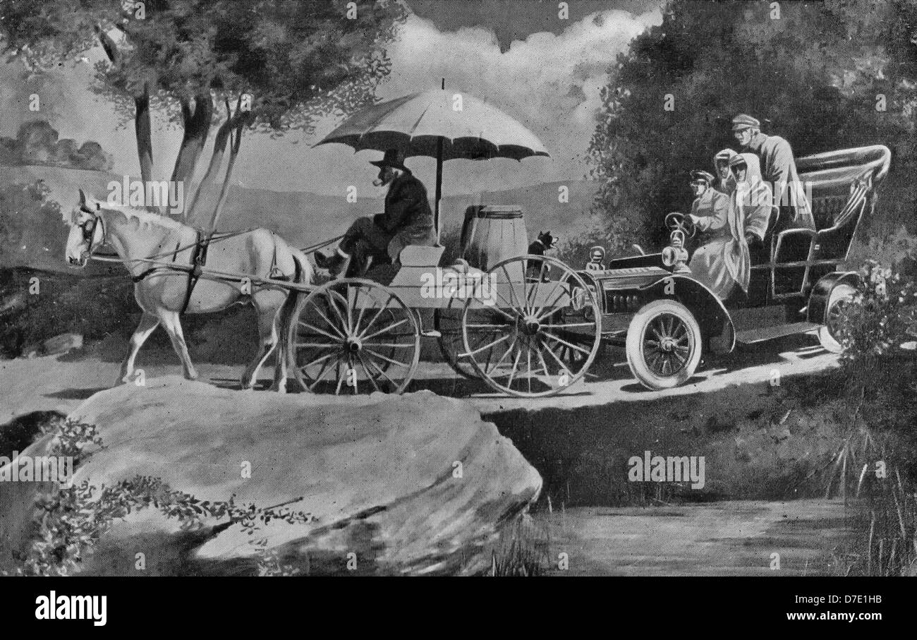 Toot and be darned - an automobile stuck behind a slow moving horse and buggy, circa 1910. Stock Photo