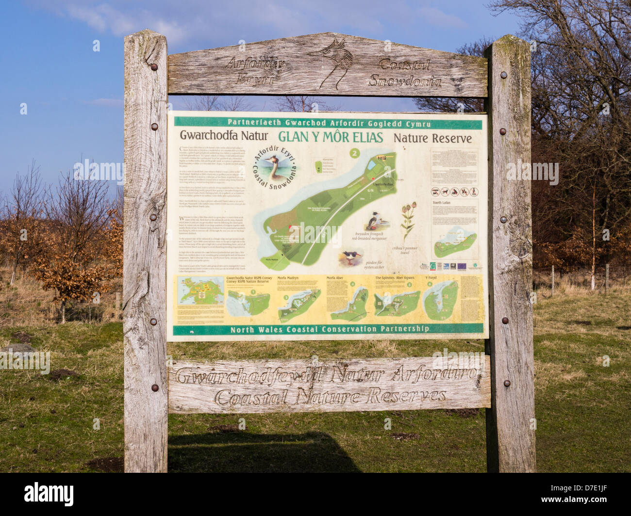 Glan y Mor Elias coastal nature reserve bilingual information sign near ...