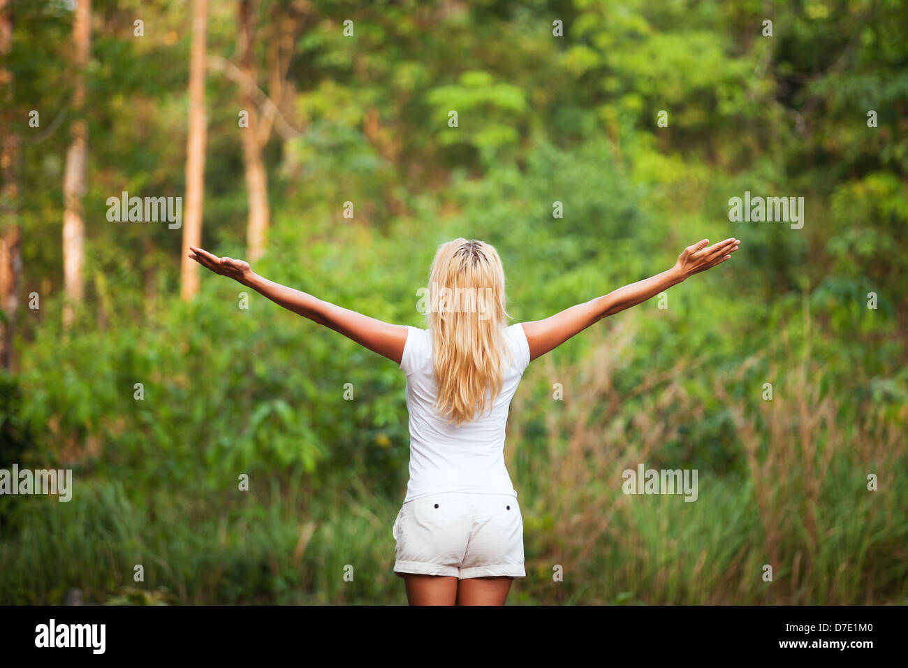 harmony with nature, back woman with raised hands in the forest Stock Photo