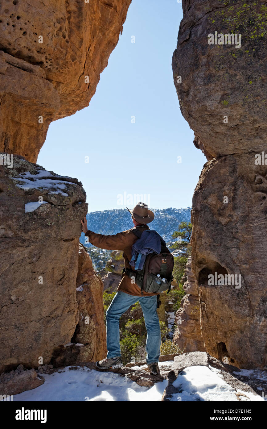Hiker Surveying the Land of the Standing-Up Rocks, Volcanic rhyolite Deposition, Chiricahua National Monument, Arizona Stock Photo