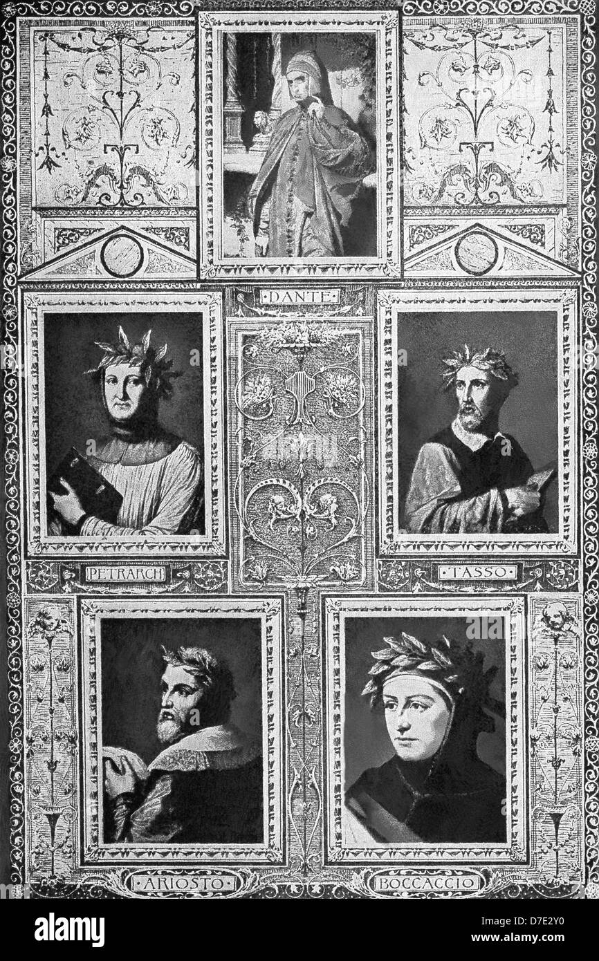 The Italian authors are: Dante Alighieri, Petrarch, Torquato Tasso, Ludovico Ariosto, and Giovanni Boccaccio. Stock Photo