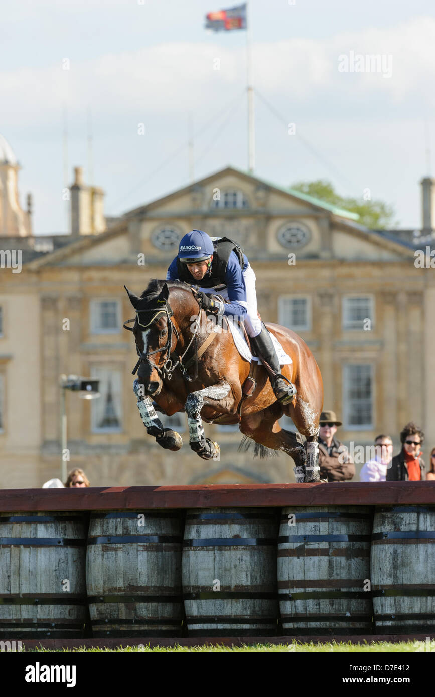 Badminton Horse Trials, UK. 5th May, 2013. Jonathan Paget and CLIFTON PROMISE jump the Wadworth Barrels  during the the Cross Country phase of the Mitsubishi Motors Badminton Horse Trials, Sunday May 5th 2013 Stock Photo