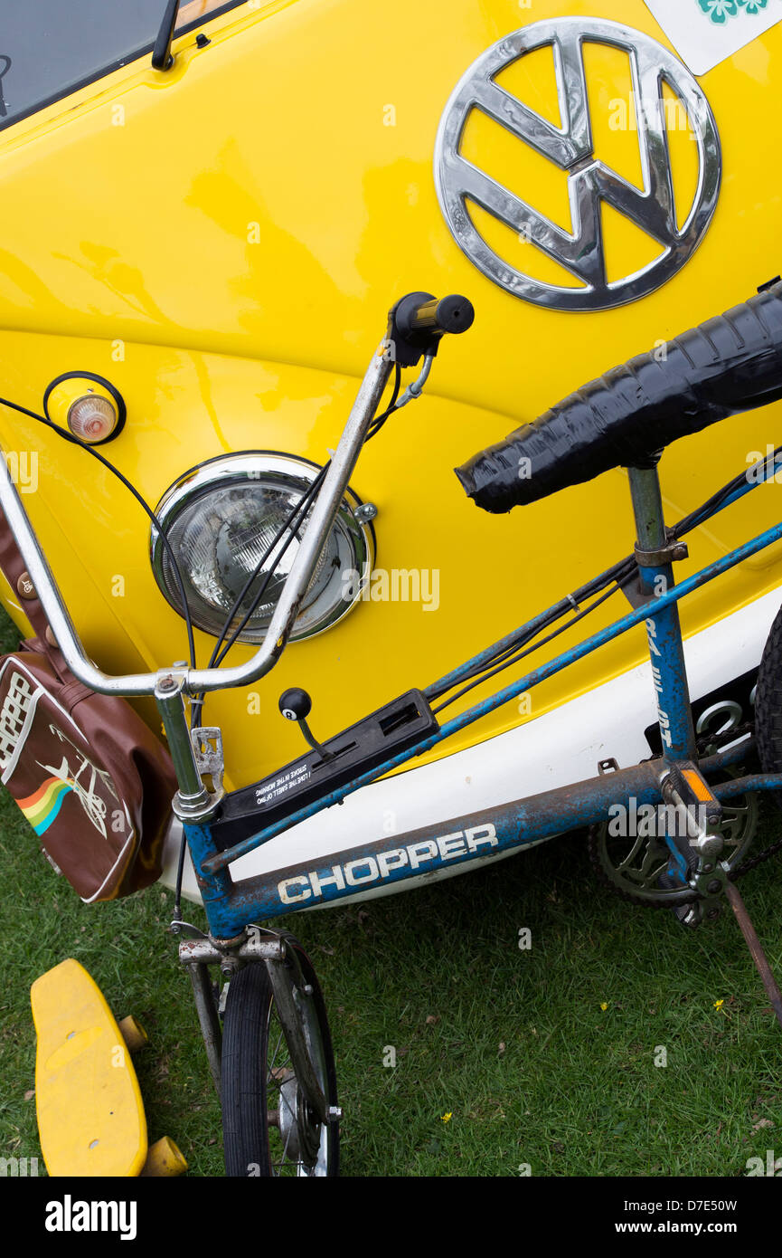 Raleigh Chopper bike, vw campervan and skateboard Stock Photo