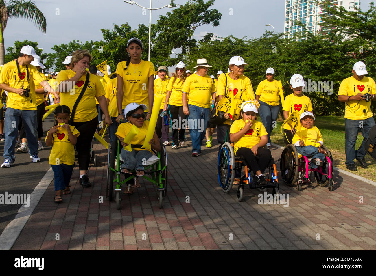 Panama City, Republic of Panama. 5th May 2013. A parade on Panama City, Republic of Panama to help getting awareness about brittle bone disease, a congenital bone disorder. The condition, or types of it, has had various other names over the years and in different nations. Among some of the most common alternatives are Ekman-Lobstein syndrome, Vrolik syndrome, and the colloquial glass-bone disease. The name osteogenesis imperfecta dates to at least 1895[18] and has been the usual medical term in the 20th century to present. Credit:  Humberto Olarte Cupas / Alamy Live News Stock Photo