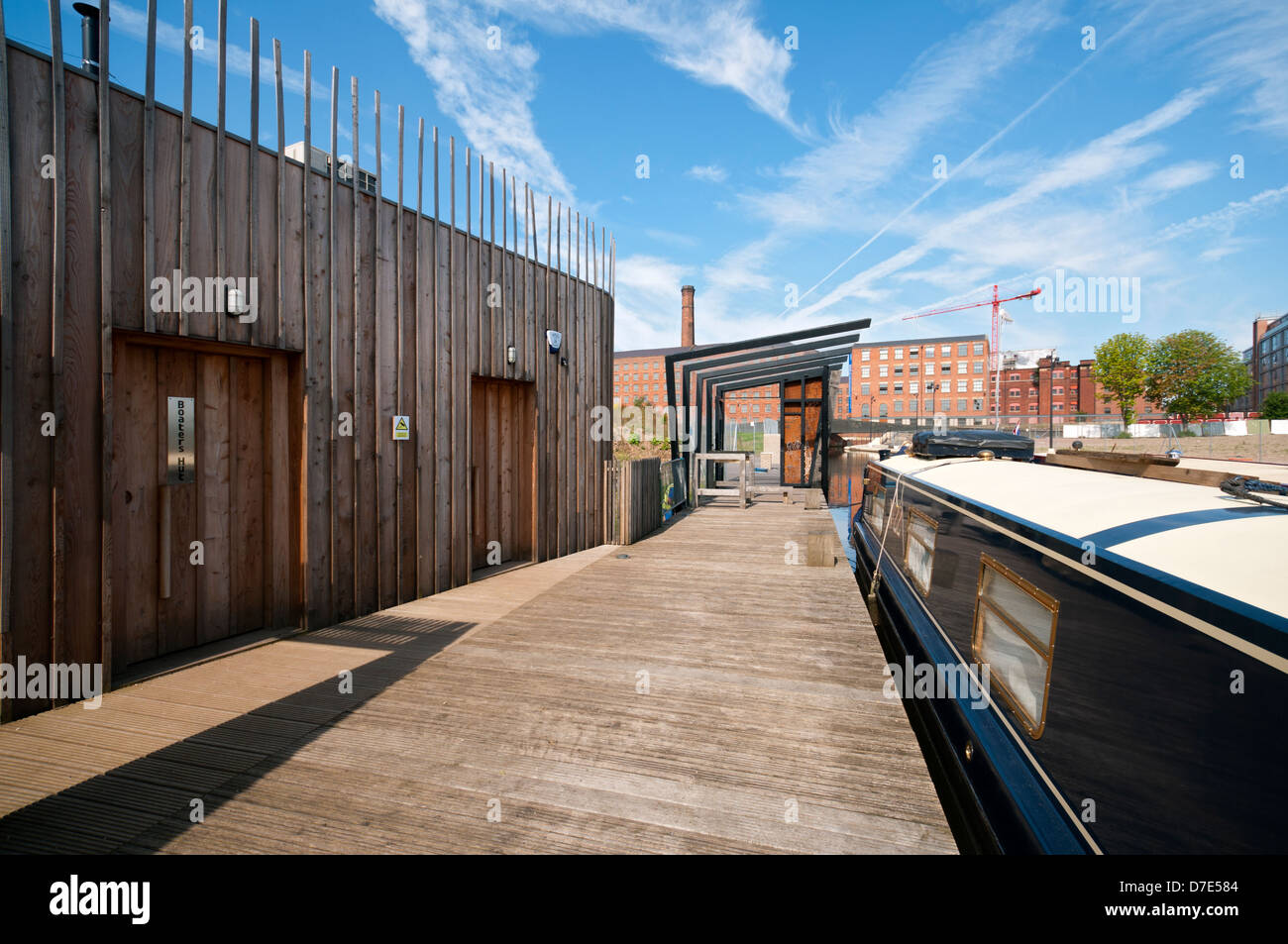 The Boater's Hut and canal narrowboats at the Cotton Field Park marina, New Islington, Ancoats