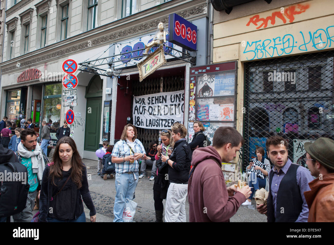 Young people celebrating traditional labor day at the first of May in Kreuzberg Berlin, Germany Stock Photo