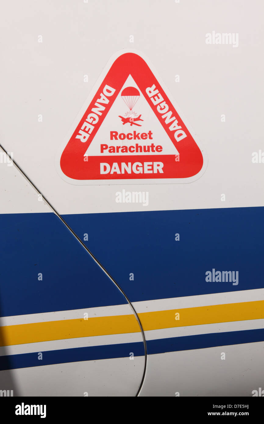 Danger BRS Ballistic Rocket System emergency parachute sign for aircraft emergency use Stock Photo