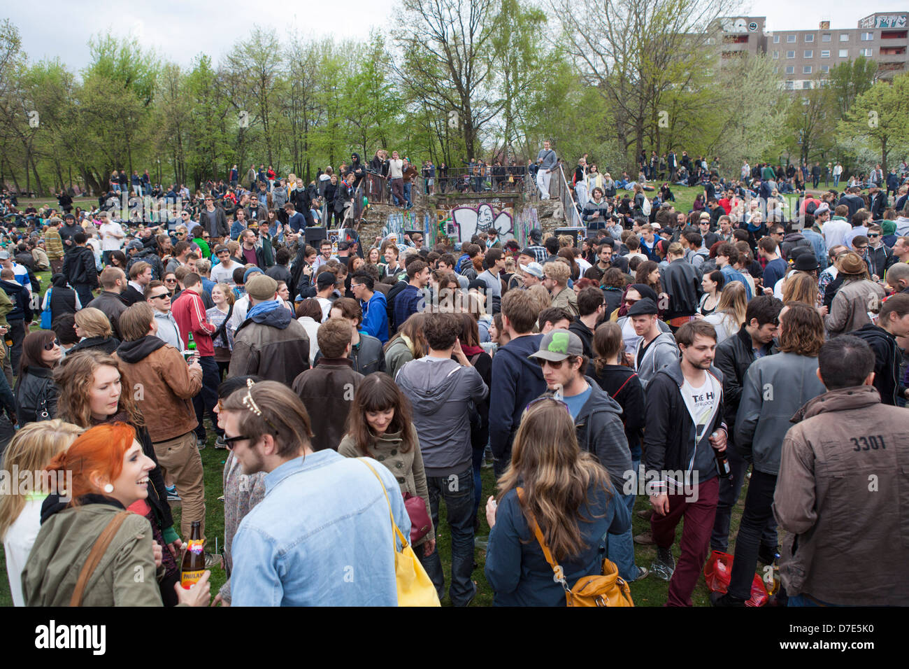 Young people celebrating may day at the first of May at Görlitzer Park in Kreuzberg Berlin