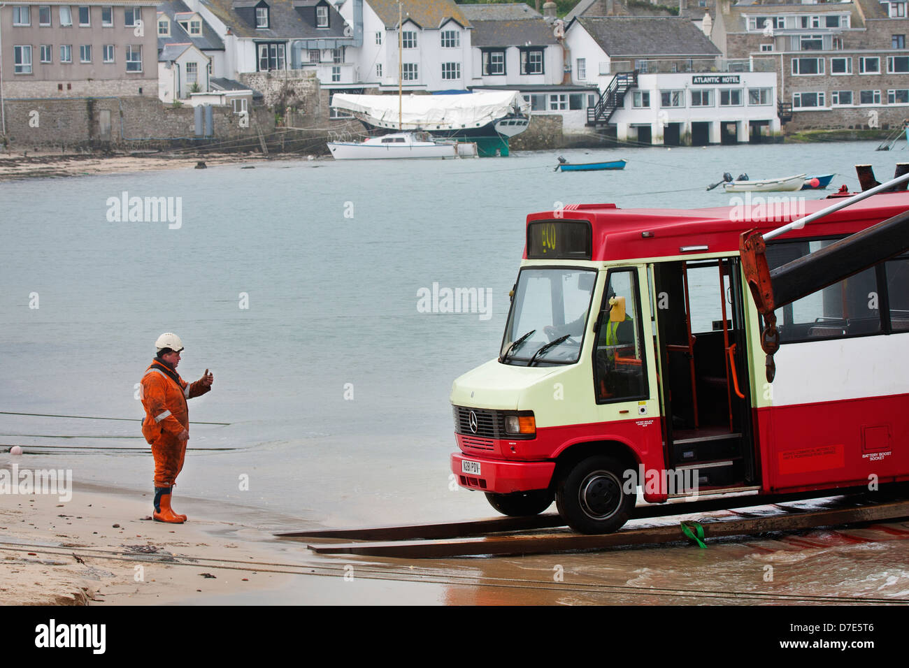 New bus being delivered to St Mary's, Scilly Isles Stock Photo