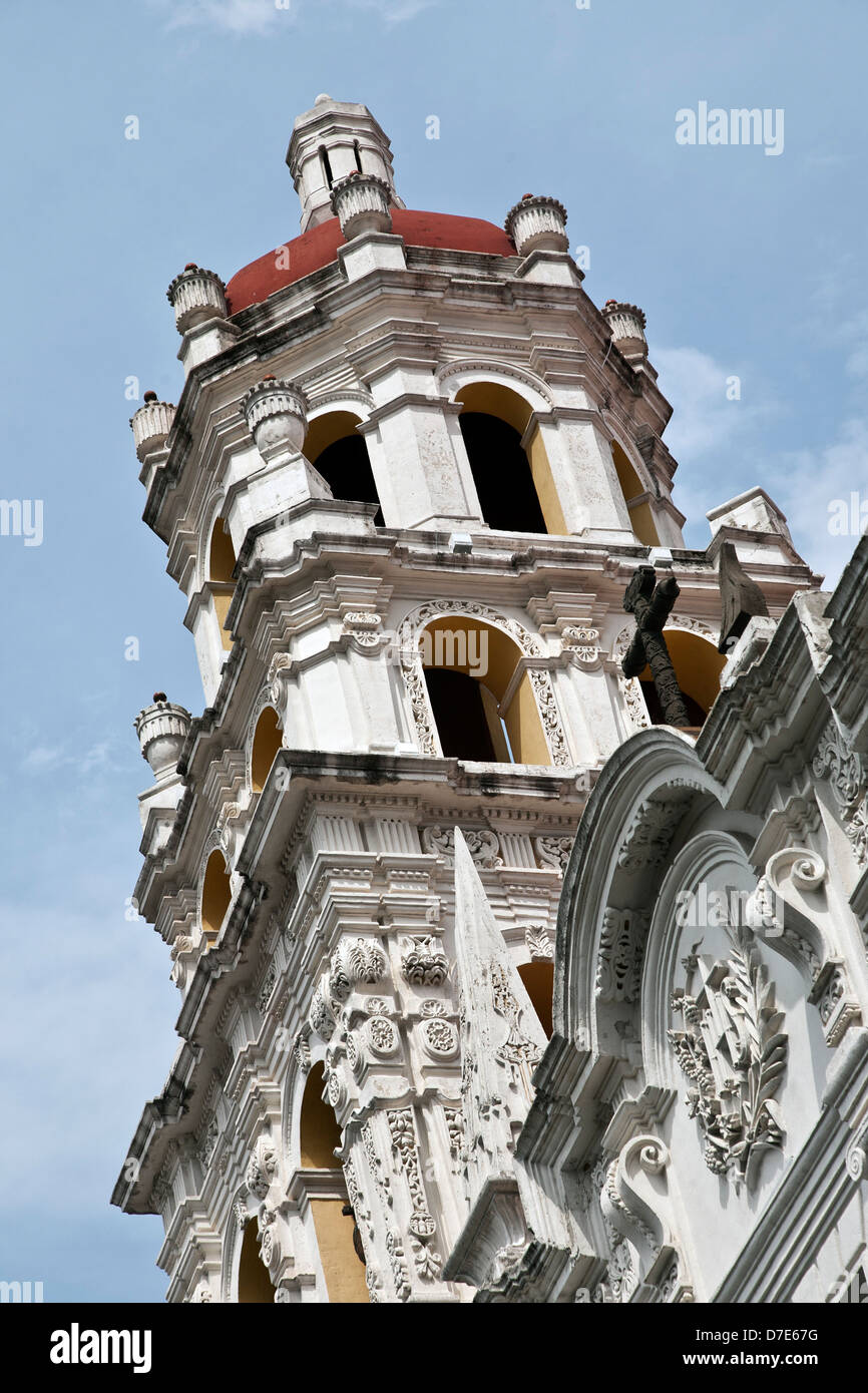 ornate Baroque bell tower of restored 17th century Jesuit Church of the Company of Jesus Puebla Mexico Stock Photo