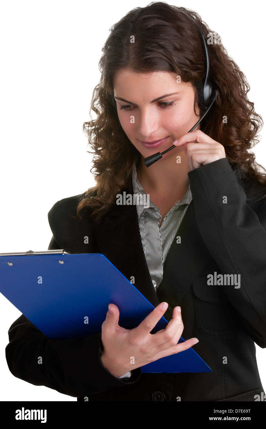 Corporate woman talking over her headset, isolated in a white background Stock Photo