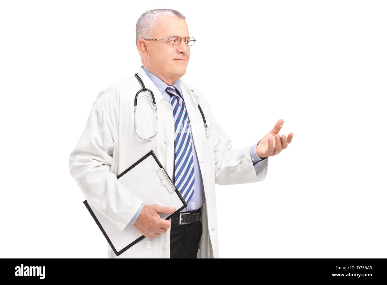 A male medical doctor in a uniform explaining, isolated on white ...