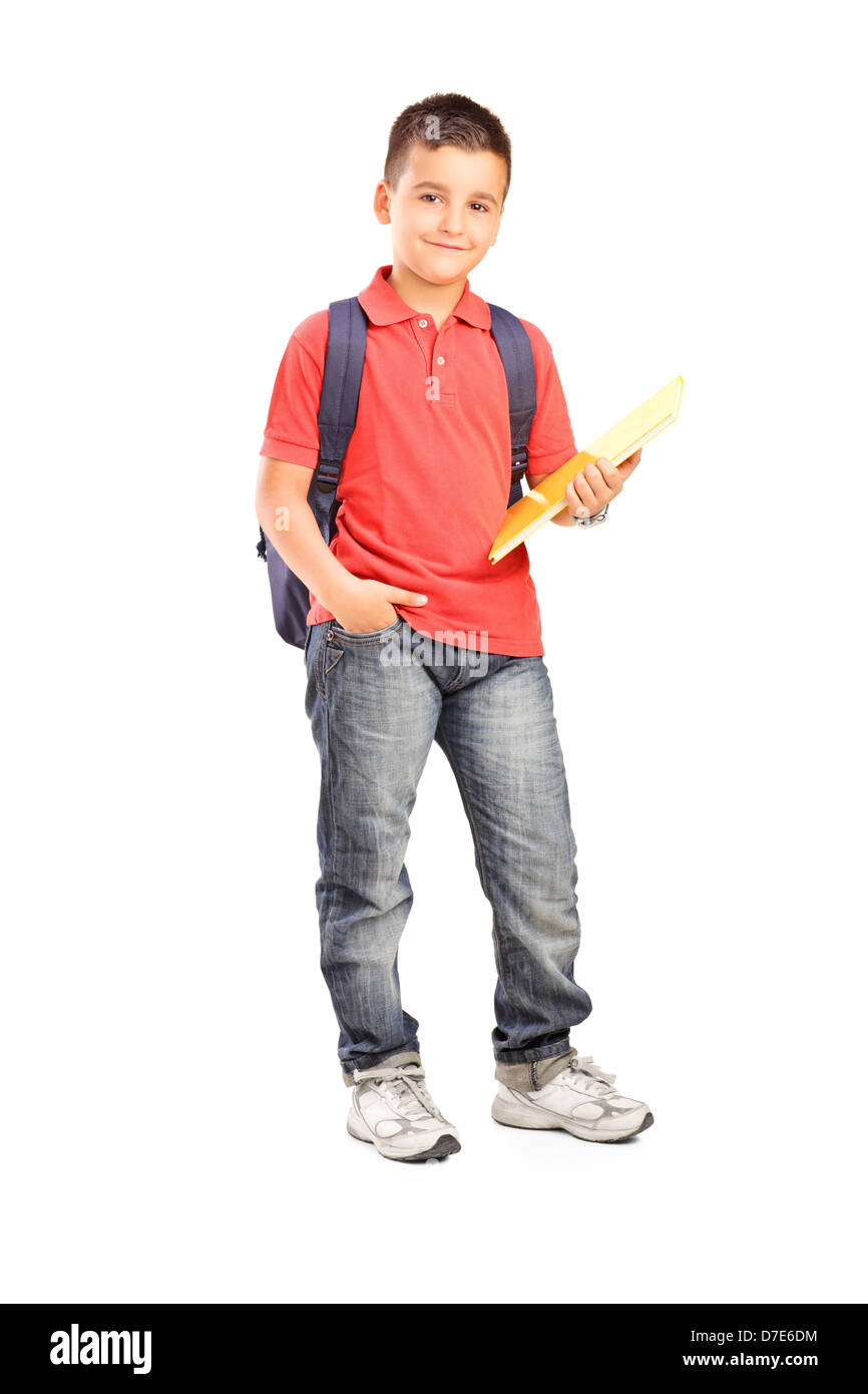 Full length portrait of a schoolboy with backpack holding a notebook ...