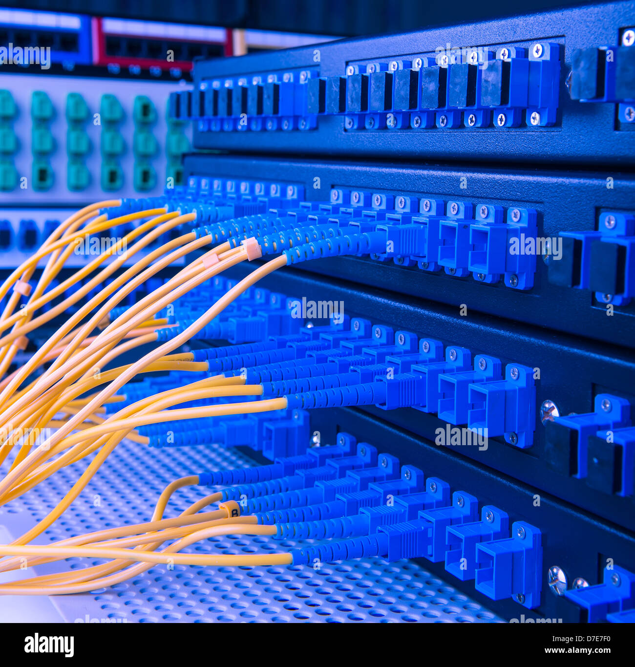 fiber optic servers and hardwares in an internet data center Stock Photo