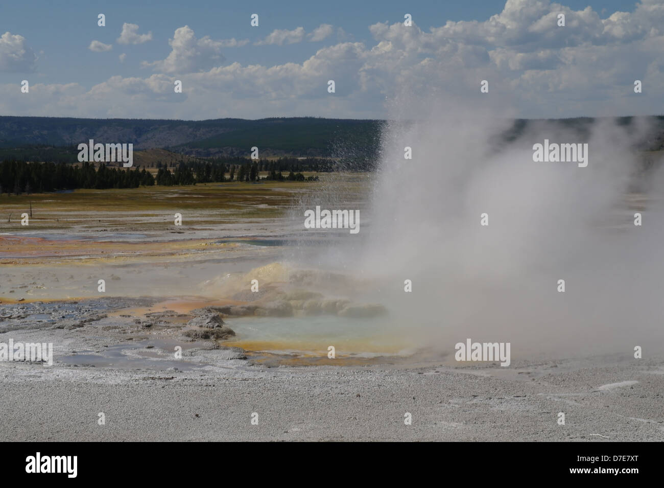 Blue sky white clouds view hot water steam erupting vertically from Clepsydra Geyser, Lower Geyser Basin, Yellowstone, USA Stock Photo