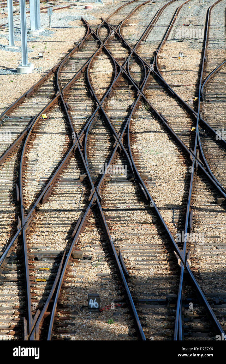 Railway tracks leading entering the Adelaide Railway Station Stock Photo