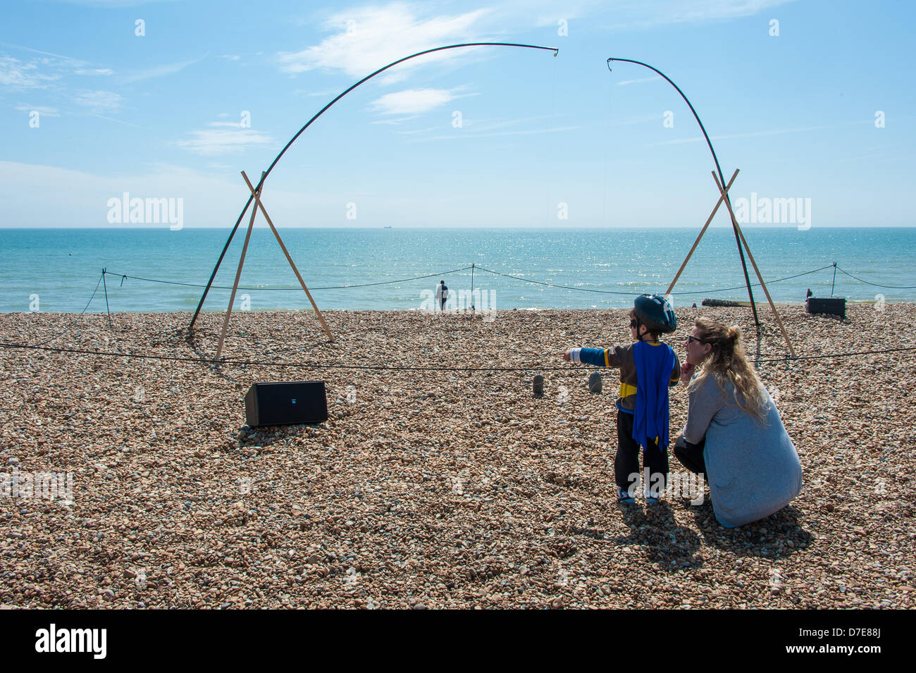Brighton, UK. 5th May 2013. Jony Easterby's Rol mo wind horse: Stress and Stone - part of 'Audible Forces' Aeolian music on the beach at Brighton Festival, Sackville Gardens Beach, Western Esplanade, Hove, East Sussex UK May 5th 2013 phot Credit: Julia Claxton/Alamy Live News Stock Photo