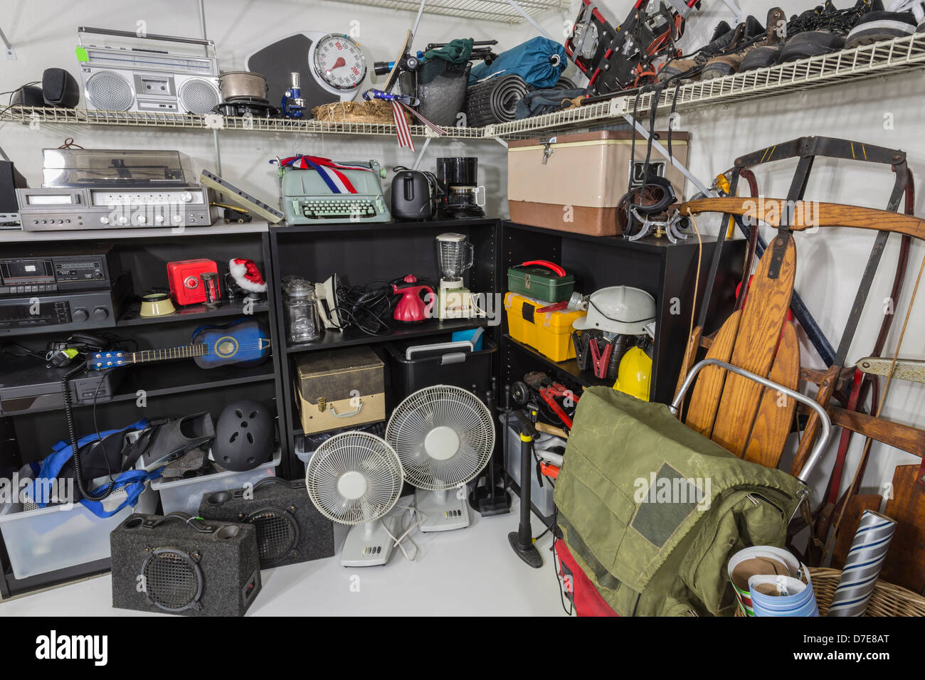 Vintage items in a residential garage sale setting. Stock Photo