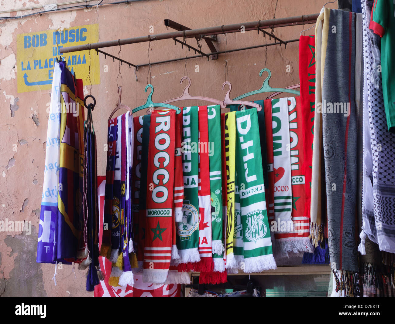 Morocco, Marrakesh - football scarves in the souk. Stock Photo