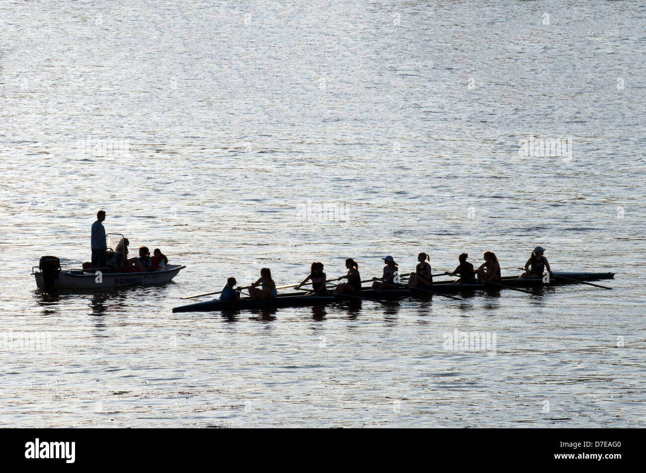 Silhouette of ladies rowing team on Potomac River in Washington DC Stock Photo