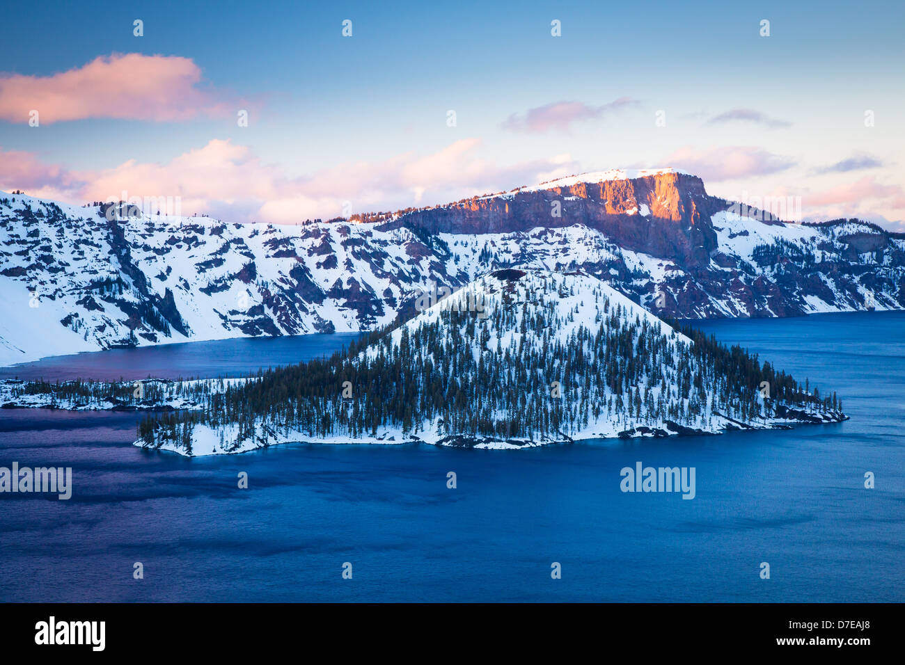 Crater Lake National Park, located in southern Oregon, during winter Stock Photo
