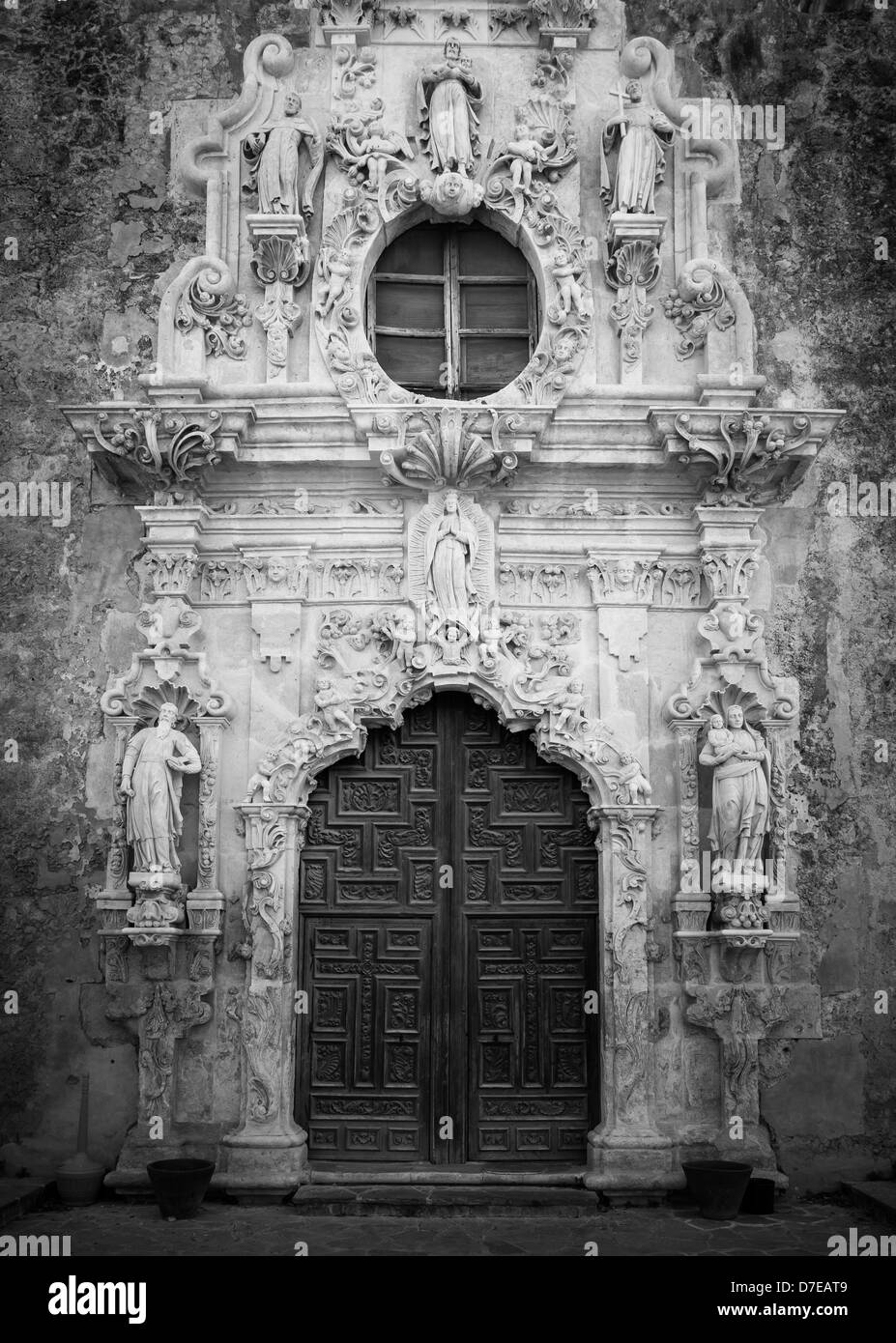 Entrance to Mission San José y San Miguel de Aguayo in San Antonio, Texas Stock Photo