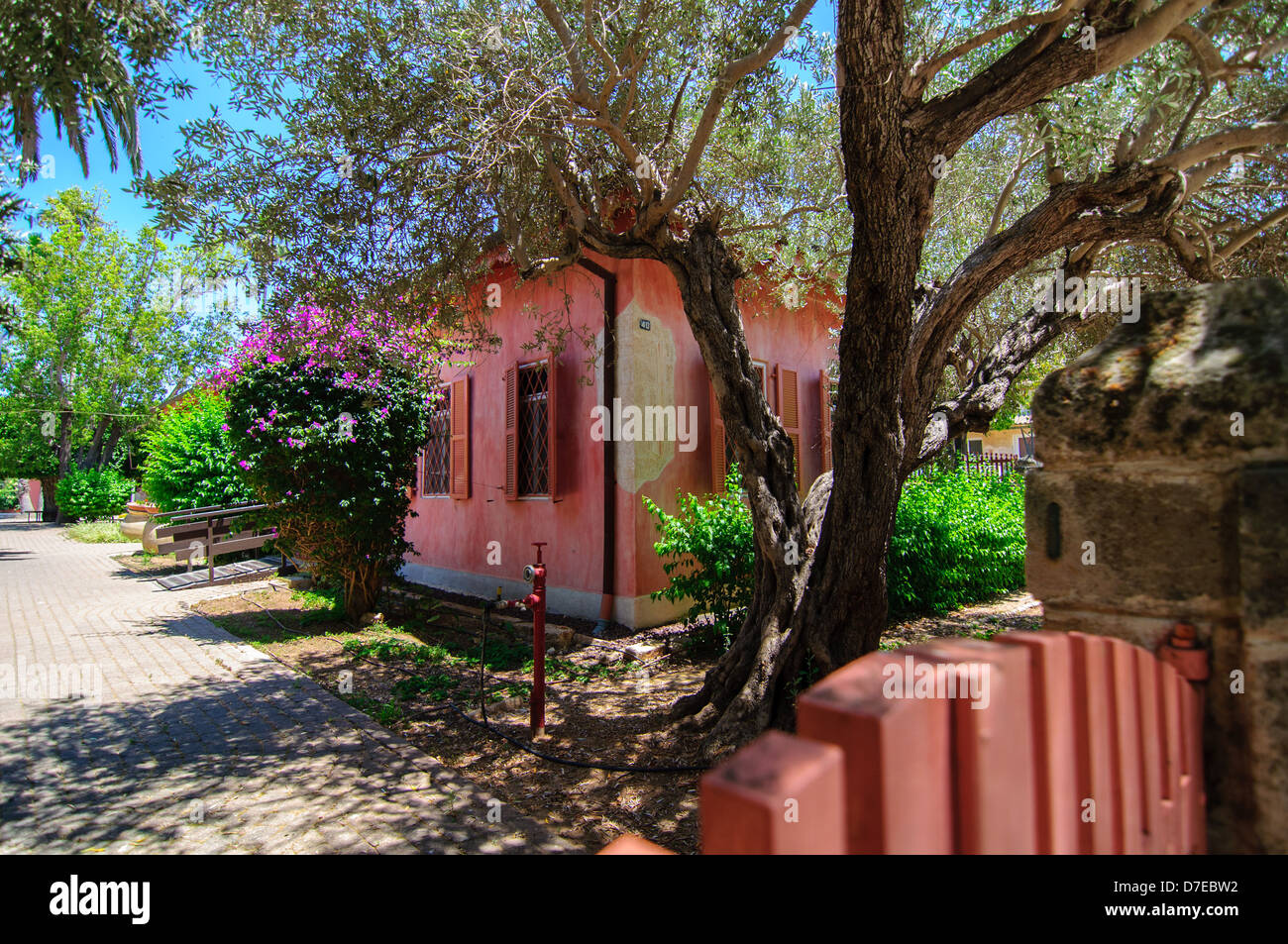 An old, pink, historical house in a town, surrounded by trees and flowers, on a sunny day Stock Photo