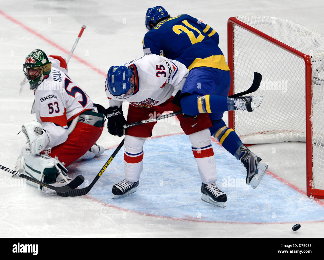 IIHF World Championships, Ice Hockey, Group A, Czech Republic vs Sweden,  May 4, 2013, Stockholm, Sweden. From left: Alexander Salak and Jan Hejda of  Czech Republic and Loui Eriksson of Sweden. (CTK