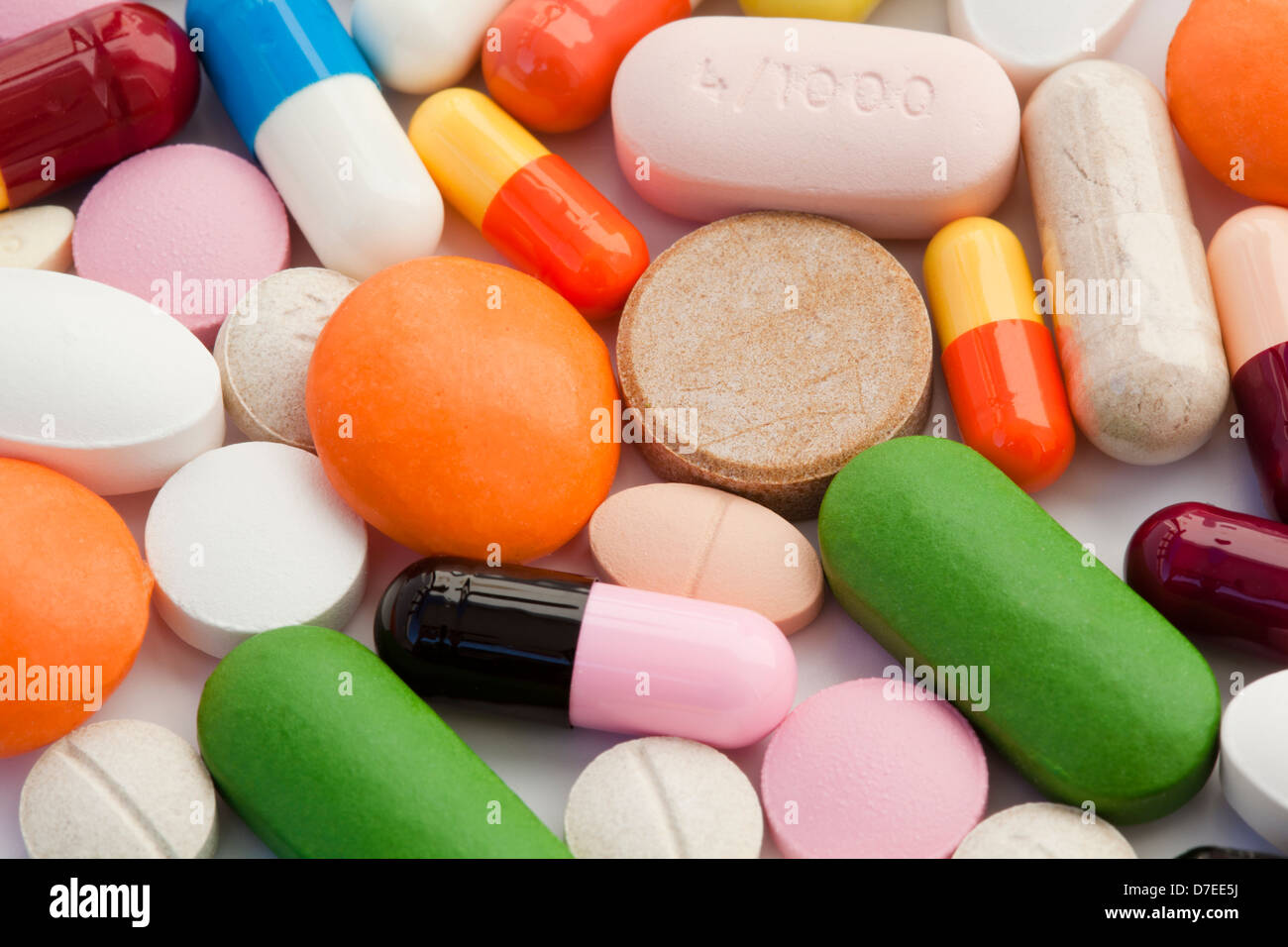 lots of colorful tablets and pills Stock Photo