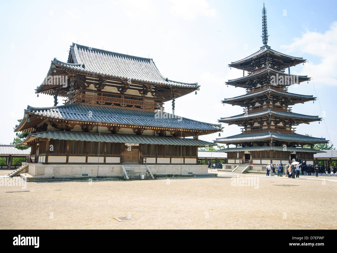 Horyu-ji Temple, near Nara, Japan. These two buildings are said to be two of the oldest wooden buildings in the world. Stock Photo