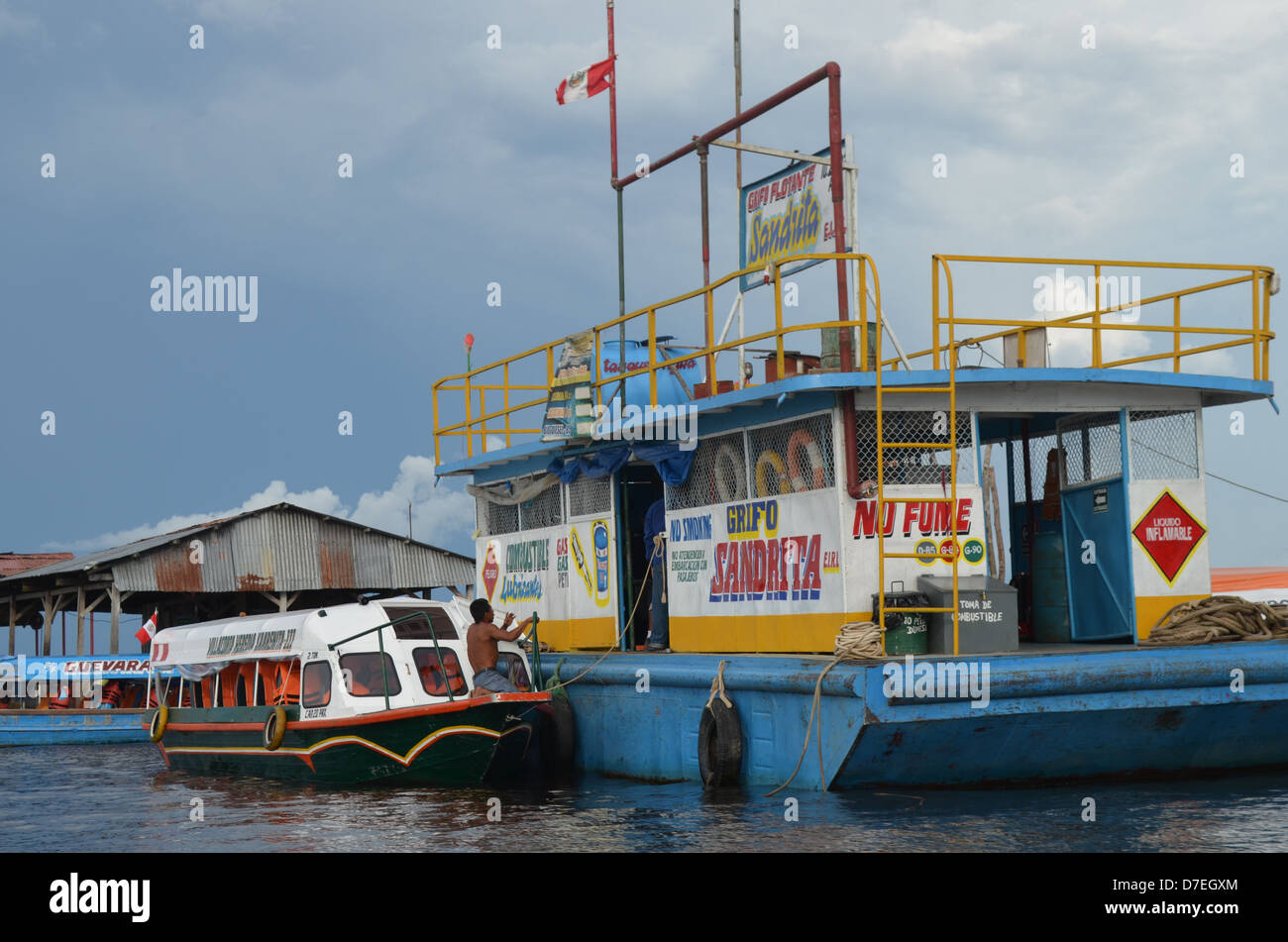 A boat fueling station on the on the Nanay river in the Amazon port of Iquitos, Loreto, Peru Stock Photo