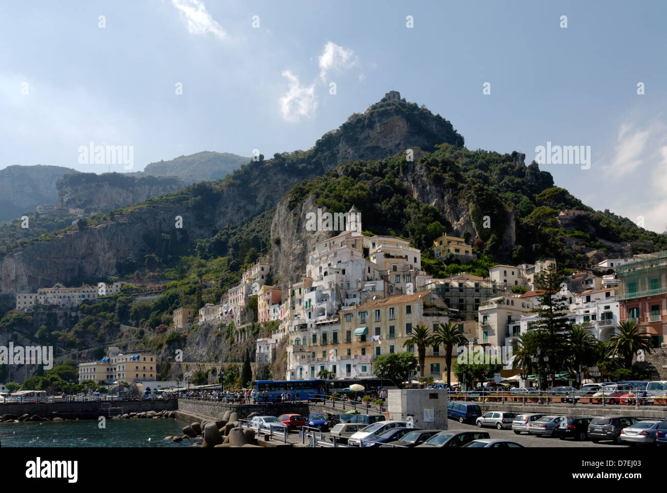Amalfi. Italy. Partial view of Amalfi town which is theatrically set in a narrow gorge rising from the Mediterranean Sea. Amalfi Stock Photo