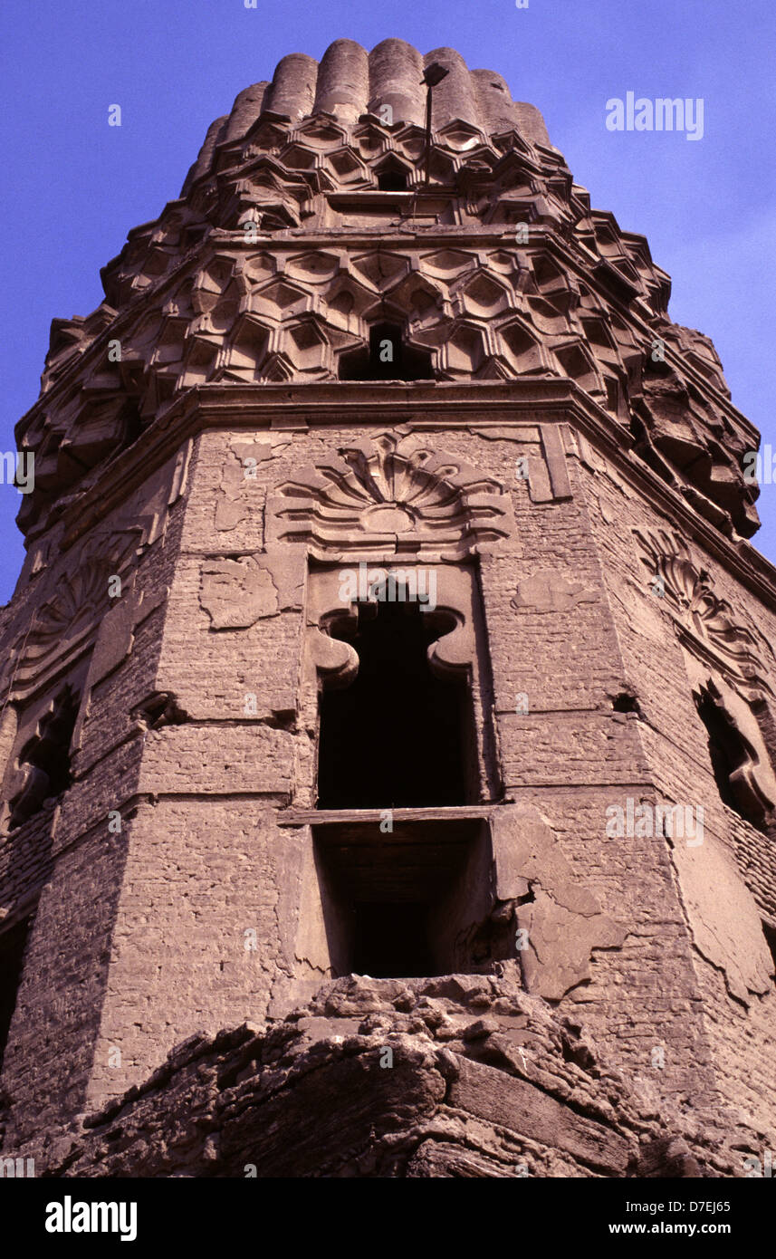 Fatimid style of the minaret of Al Hakim mosque nicknamed al-Anwar named after Al-Hakim bi-Amr Allah (985–1021), the sixth Fatimid caliph and 16th Ismaili Imam located in Islamic Cairo Egypt Stock Photo