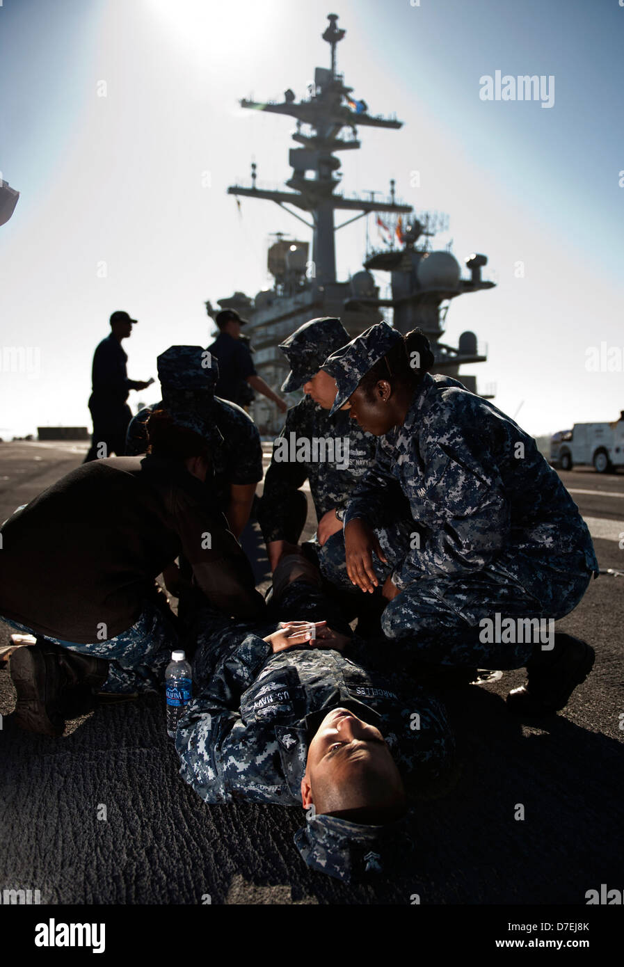 Sailors participate in a mass casualty drill. Stock Photo