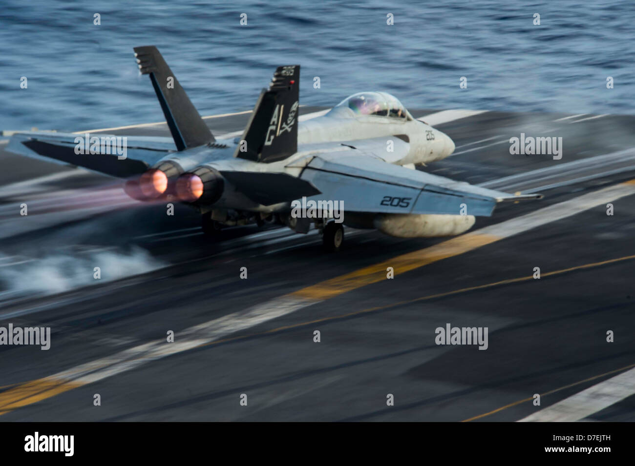 An F/A-18F lanches from USS Dwight D. Eisenhower. Stock Photo