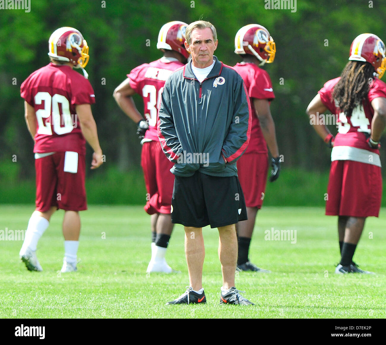 Washington Redskin Head Coach Mike Shanahan looks on as players participate in the Washington Redskins' rookie minicamp at Redskins Park in Ashburn, Virgina on Sunday, May 5, 2013..Credit: Ron Sachs / CNP Stock Photo