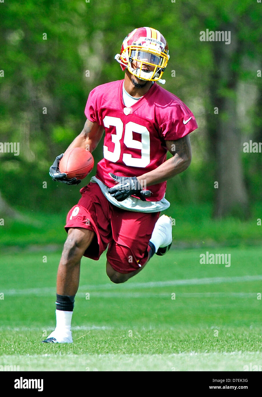 Cornerback David Amerson (39), the Washington Redskins' second round pick out of Georgia in the recent NFL draft, participates in the team's rookie minicamp at Redskins Park in Ashburn, Virginia on Sunday, May 5, 2013..Credit: Ron Sachs / CNP Stock Photo